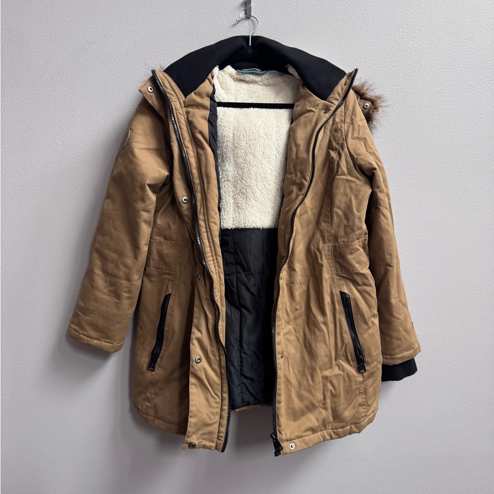 Tan Parka Jacket with Faux Fur Trim